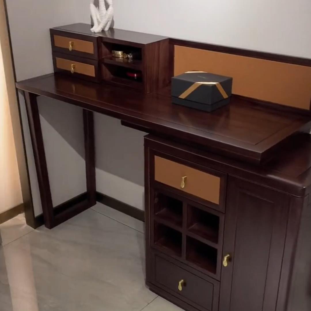 新中式乌金木梳妆台实木梳妆桌斗柜一体轻奢化妆收纳柜卧室可伸缩