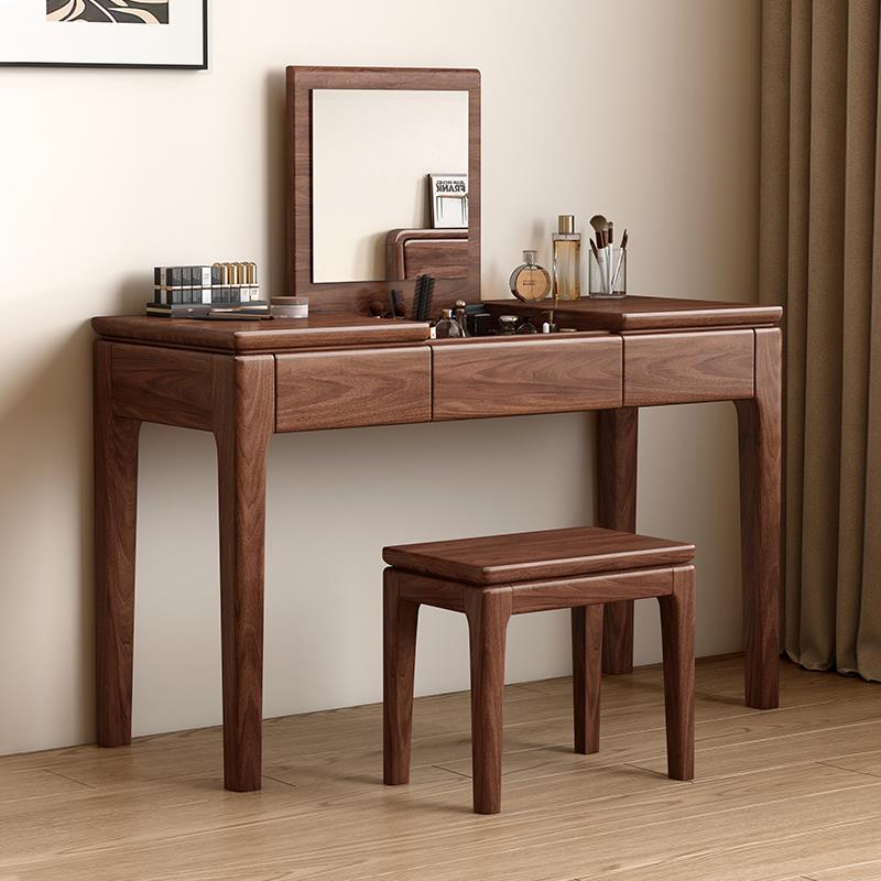 黑胡桃木实木梳妆台新中式妆台书桌一体小户型翻盖化妆桌2024新款