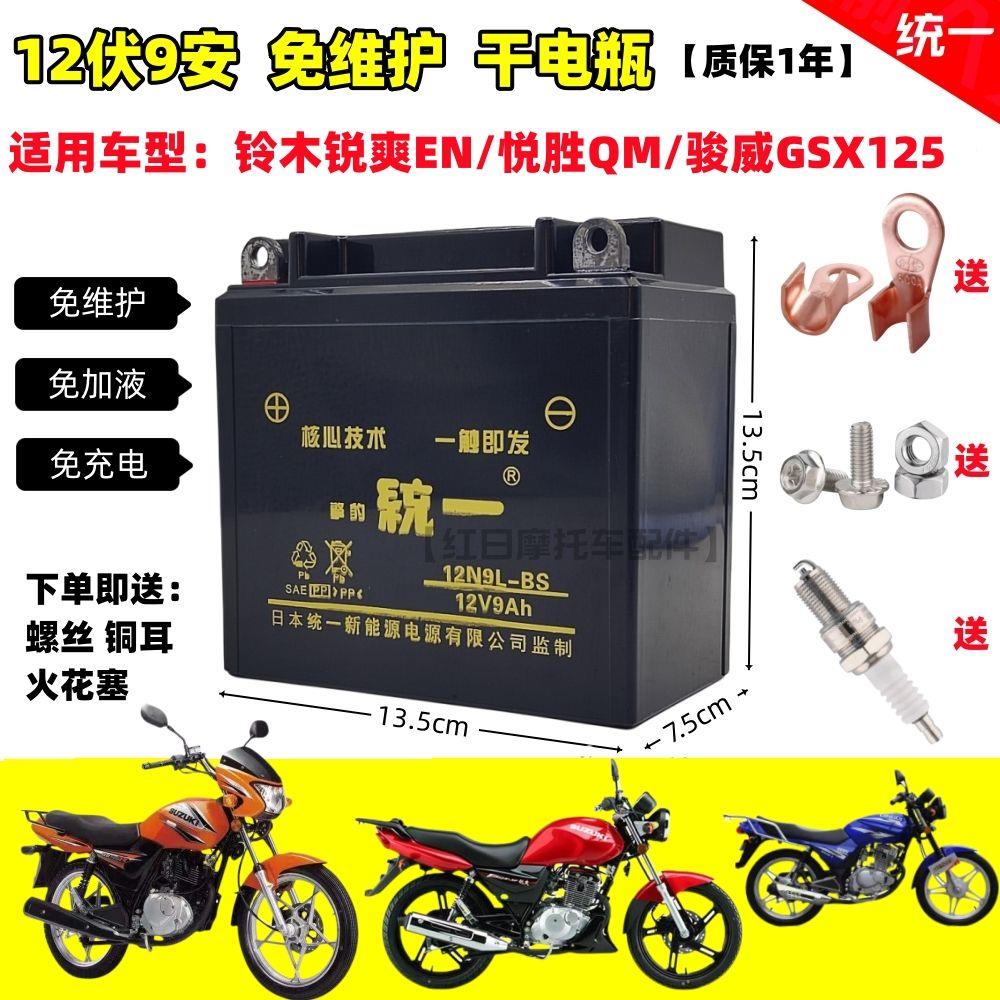 适用铃木锐爽EN骏威GSX125摩托车免维护蓄电池12V9A统一干电瓶