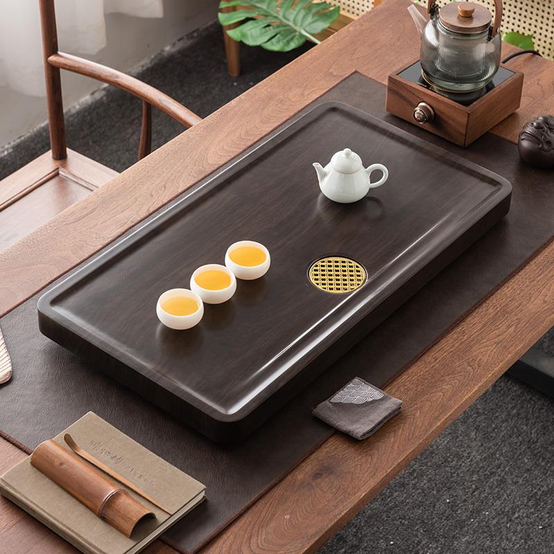 整块黑檀木茶盘实木家用简约长方形茶台大小号功夫茶具排水茶托