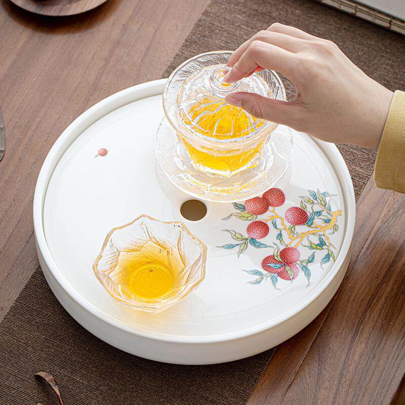 全瓷圆形茶盘家用现代陶瓷干泡台简约储水式简约轻奢茶具茶台托盘