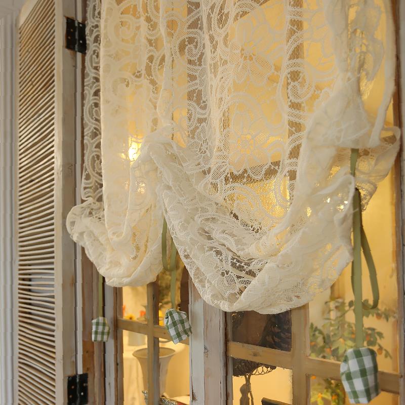 法式复古蕾丝提拉帘汽球帘门帘复古罗马帘魔术贴半帘系带升降帘