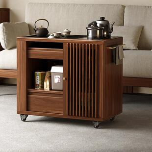 北欧黑胡桃木可移动茶水柜家用茶台实木茶车新中式茶几烧水壶茶柜