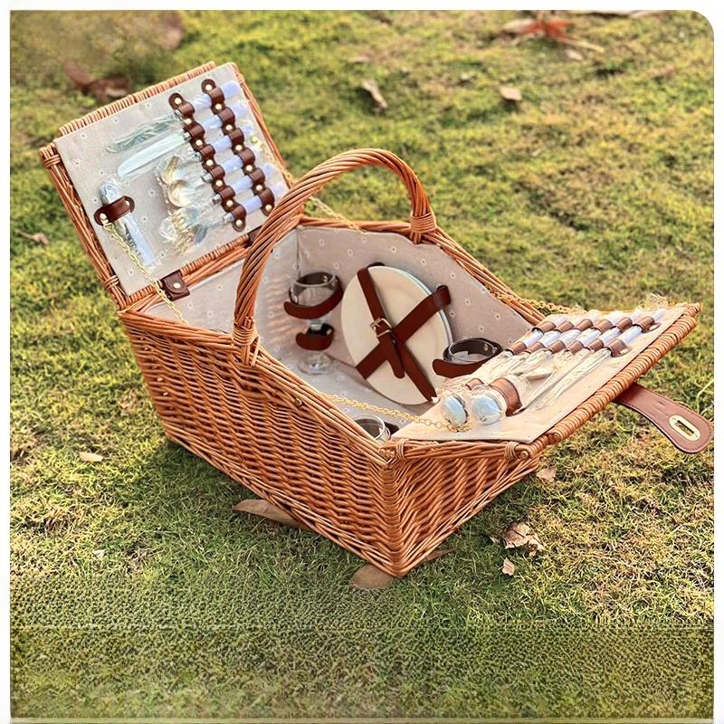 手提双开屋形野餐篮户外春游野炊网红高级带餐具套装藤编柳编篮子