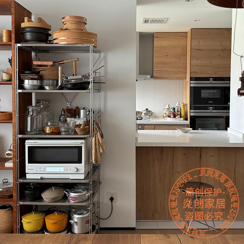 日式不锈钢厨房落地置物架多功能空气炸锅微波炉烤箱靠墙收纳架子
