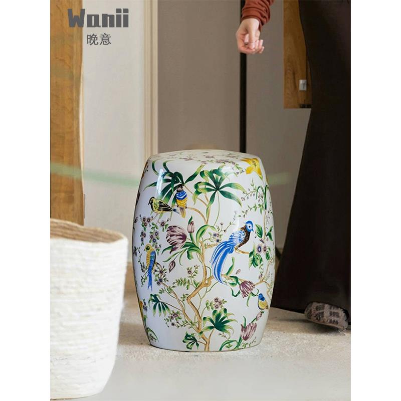 晚意丨青鸟嬉夏冰裂陶瓷鼓凳新中式坐墩客厅边几换鞋凳艺术化妆椅