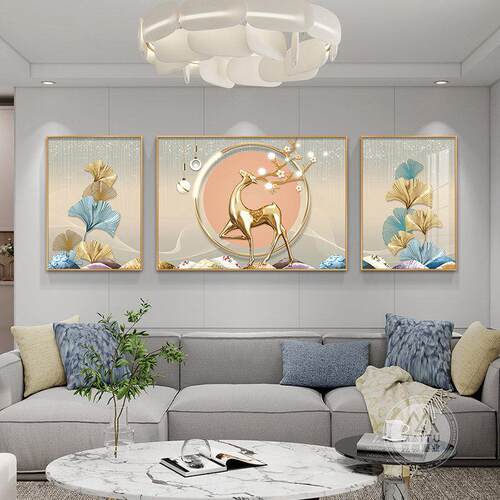 轻奢客厅装饰画沙发背景墙三联画现代简约餐厅壁画麋鹿高级感挂画