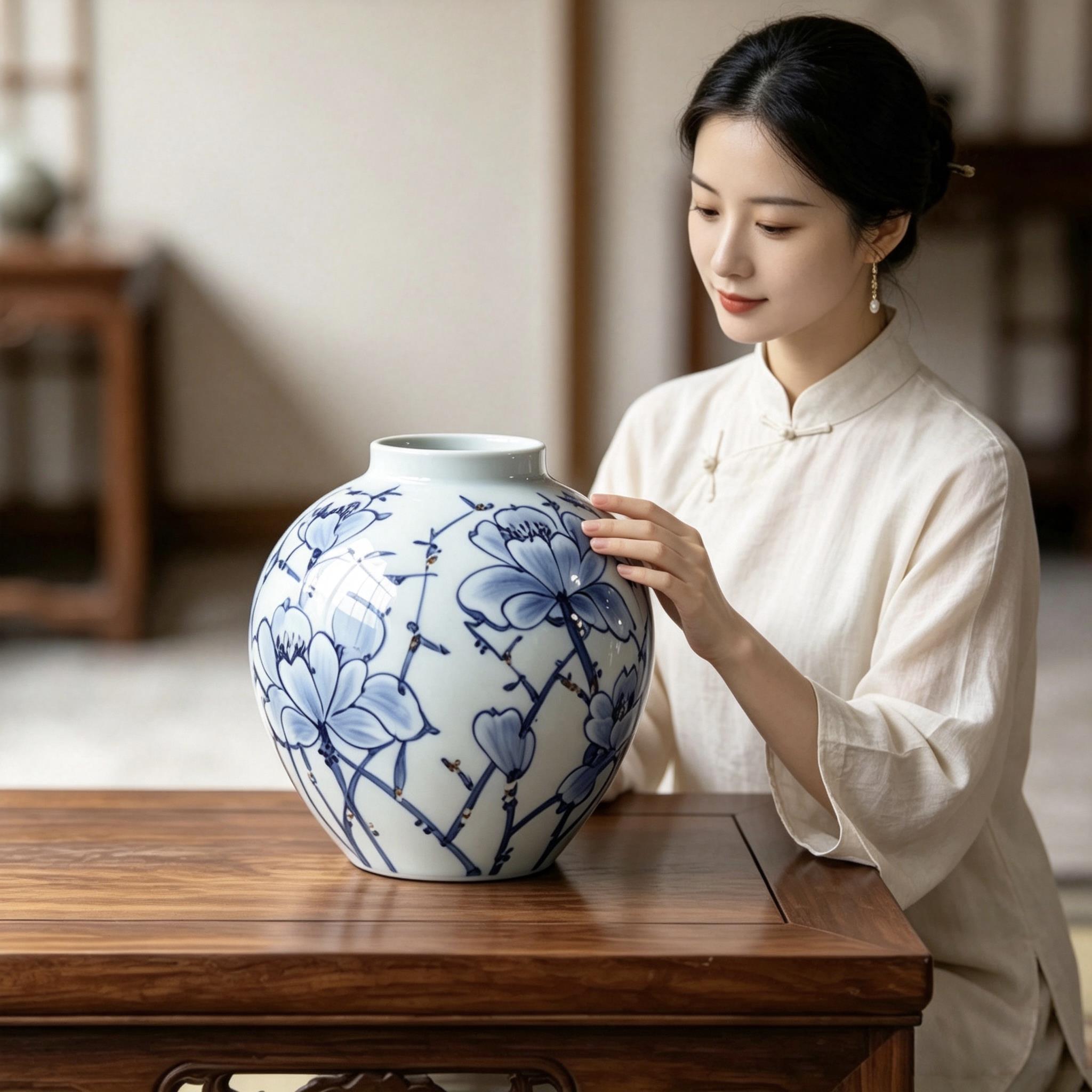 景德镇陶瓷花瓶青花瓷新中式陶罐摆件宋氏美学高级感客厅插花花器