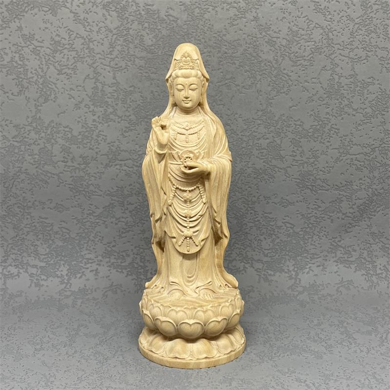 小叶黄杨木雕南海观世音菩萨手持如意轮站莲佛像家用供奉请佛摆件