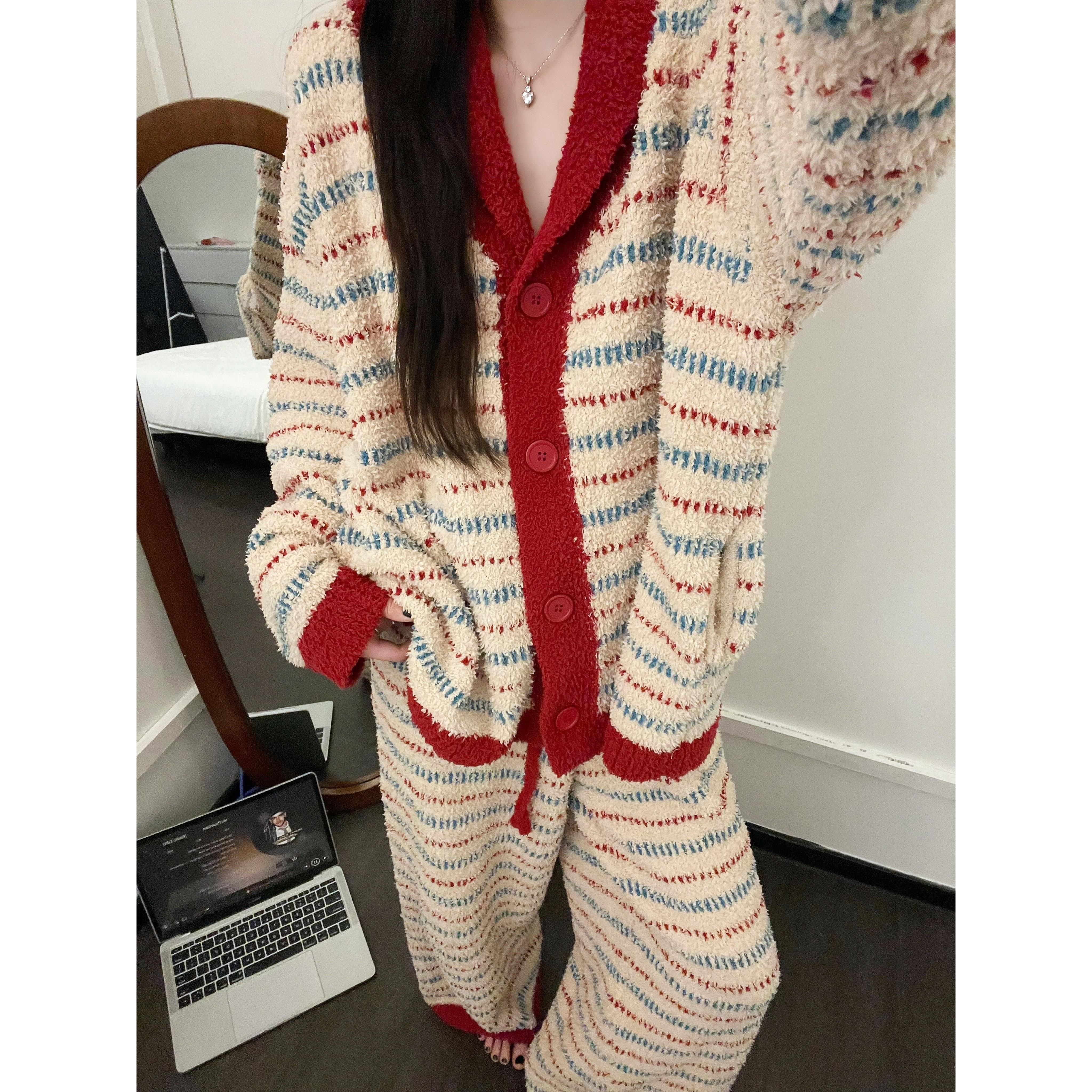 秋冬女士睡衣少女甜美针织半边绒加绒女款家居服套装大码加厚保暖