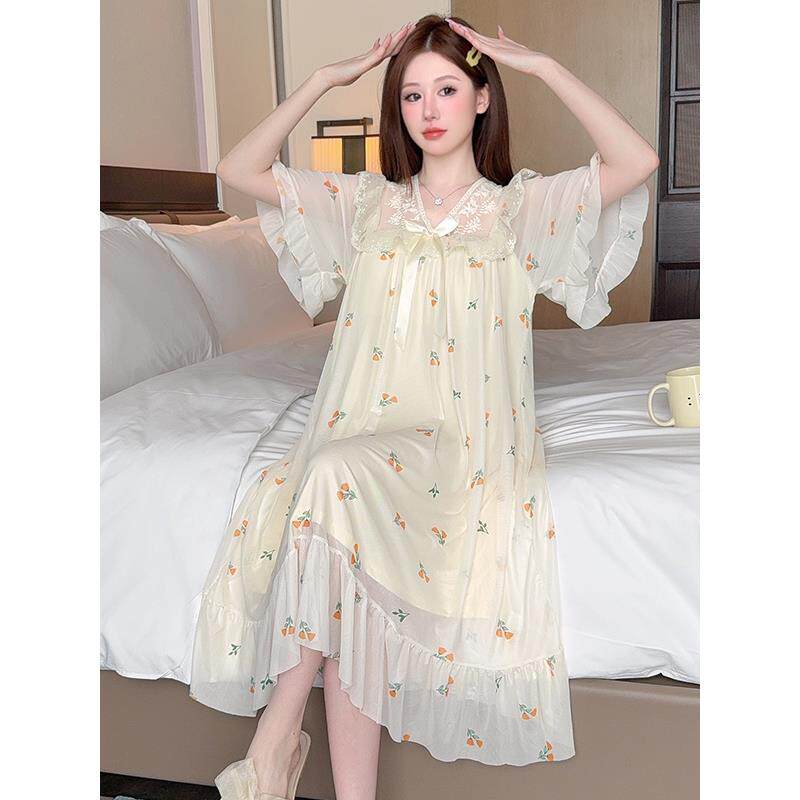 莫代尔公主风睡衣女夏季2025新款宫廷风睡裙带胸垫短袖网纱家居服