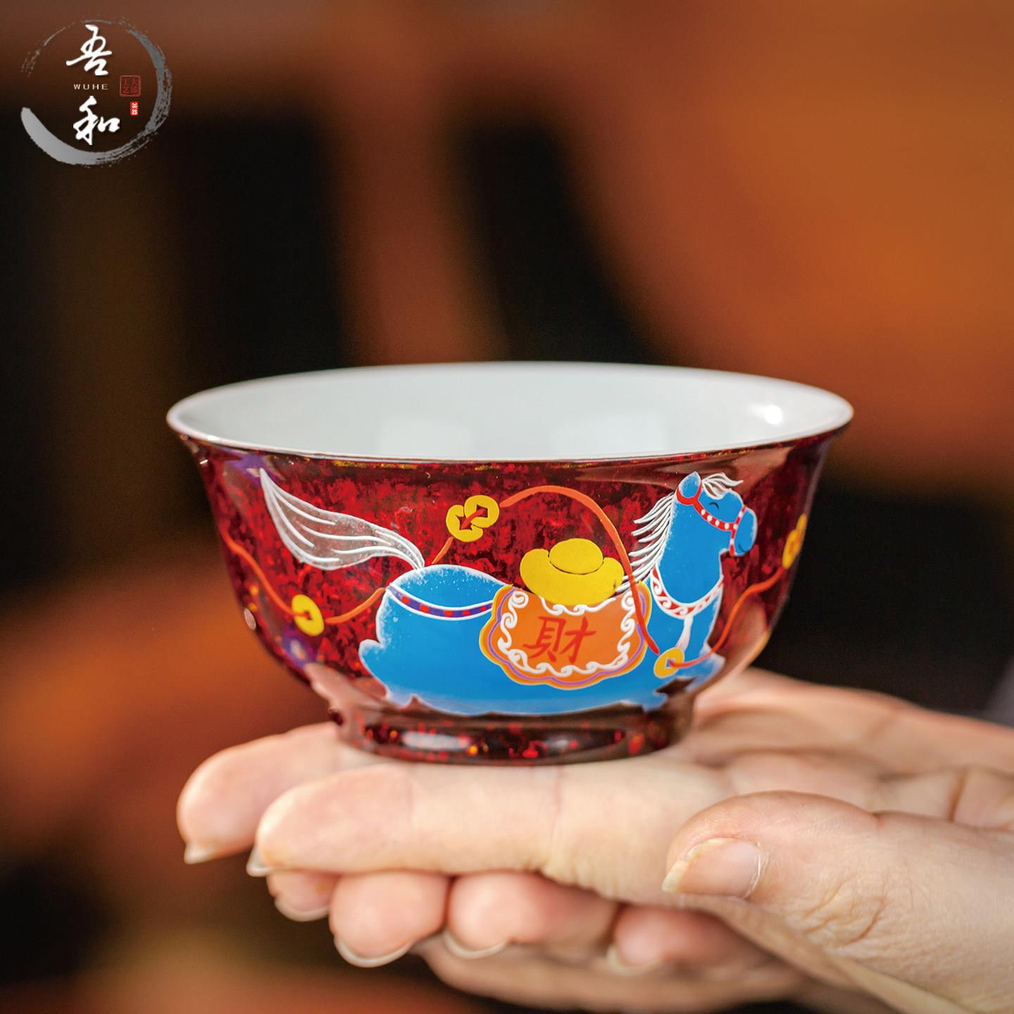 吾和漆器茶具 福州非遗大漆手绘唐马茶杯 手工飘漆内绘青花主人杯