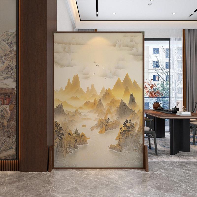 日照金山新中式实木移动屏风隔断客厅入户遮挡玄关山水画座屏新款