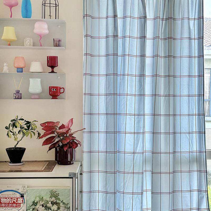 ins窗帘免打孔魔术贴韩式格子卧室飘窗半遮光网红穿杆挂钩门帘布