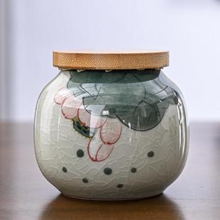手绘哥窑茶叶罐竹制密封圈盖子密封罐存储罐茶叶茶仓旅行蜜罐茶罐