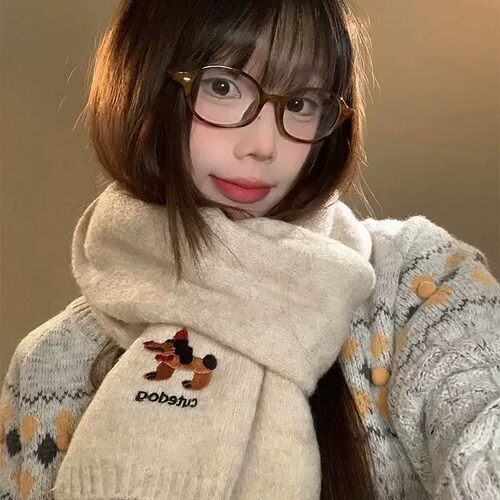 日系小狗刺绣针织保暖护颈围脖