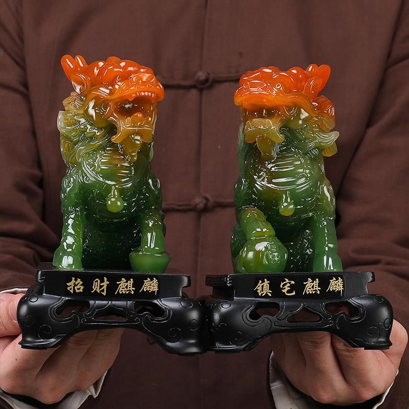 速发招财镇宅麒麟玉对墨一客子送财中式送厅家居卧室装饰工艺品