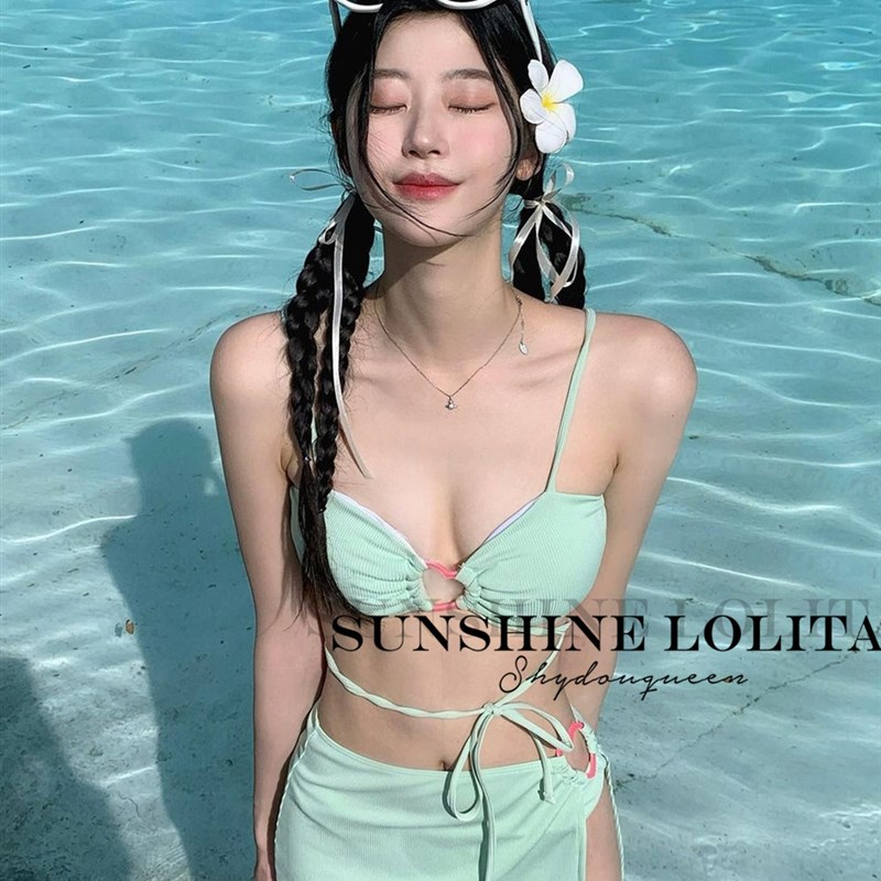 速发拢荷曼波比基尼三件套薄式辣妹性感分体显白小胸聚美度假泳装
