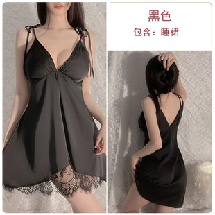 2957 性感缎面丝滑诱惑露背深V加胸A垫蕾丝吊带睡裙家居服套装