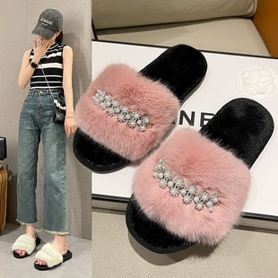 外 跨境新款 a时尚 珍珠链条毛毛拖鞋 女冬居家居大毛皮水钻平跟拖鞋