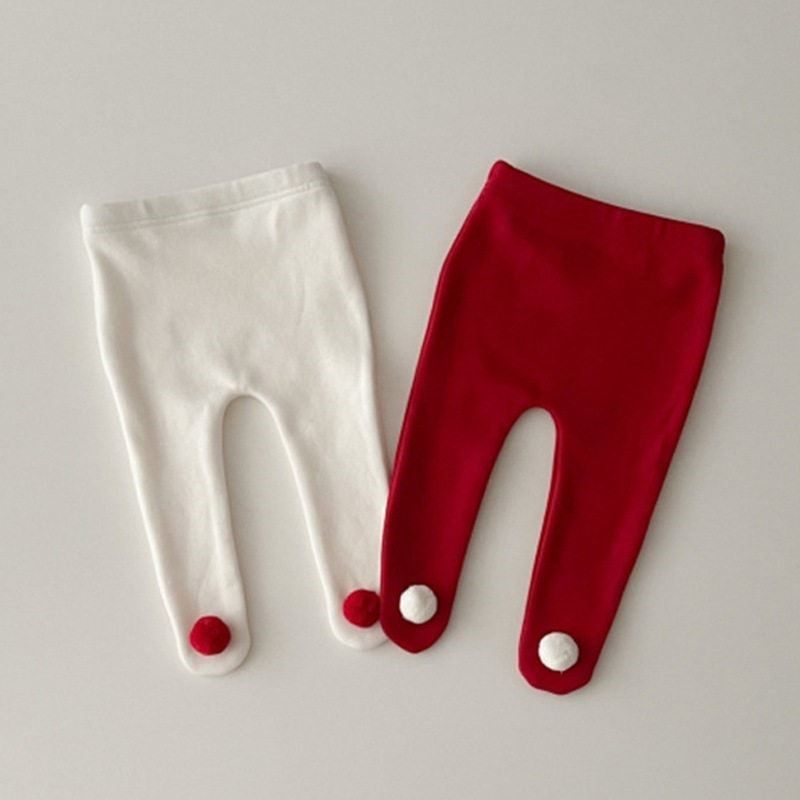 婴儿冬天加绒圣诞裤子宝宝秋冬季连裤袜超萌毛球新生儿外穿打底裤