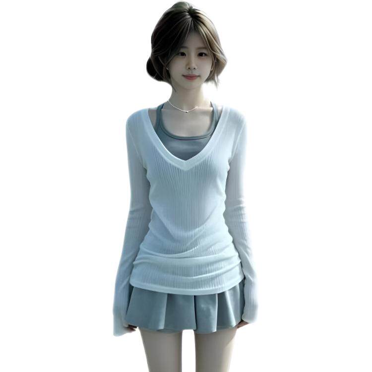 莎迪蕊女装韩系挂脖吊带短裙巨好看长袖罩衫裙子三件套日常通勤休图片
