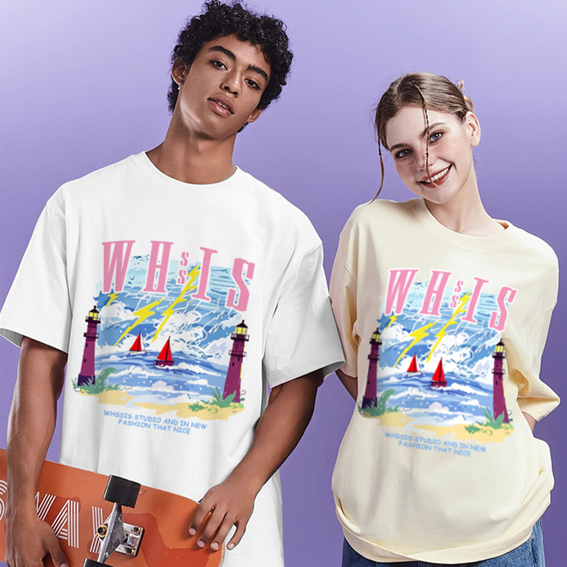 WHSSIS美式复古灯塔印花短袖T恤