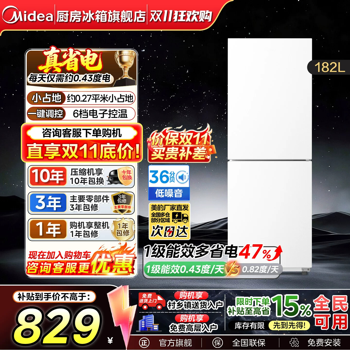 美的新品191租房宿舍节能低噪冷冻冷藏小型家用两门一级能效冰箱