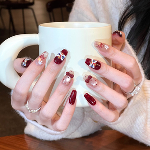 植兔新年发财醒狮穿戴甲短款红色猫眼跨年美甲高级感手工贴片