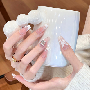 植兔法式 爆闪冰透蝴蝶裸色系美甲拍婚纱照高级感贴片 穿戴甲中长款