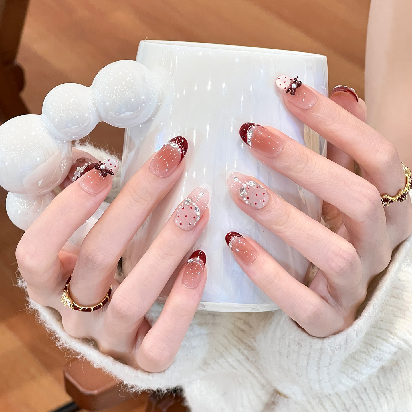 植兔纯手工穿戴甲高级感芭蕾波点猫眼法式红色美甲新年款显白甲片,彩妆/香水/美妆工具,穿戴甲/甲片,淘宝优惠券,粉丝福利购,淘宝优惠卷