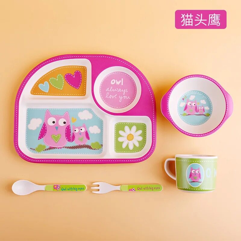 卡通竹纤维儿童餐具套装五件套 幼儿园宝宝吃饭分格餐盘卡通饭碗