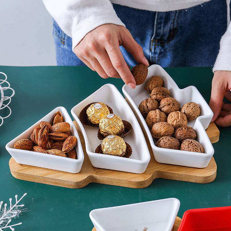 北欧圣诞树陶瓷果盘零食坚果干果盘餐具餐厅摆盘幼儿园午餐拼盘