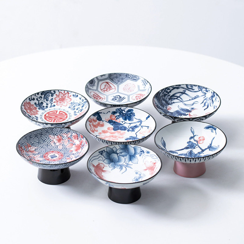 青花瓷果盘中式茶点高脚盘坚果盘糕点心果盘围炉陶瓷托盘