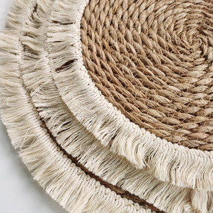 流苏边草编餐垫加厚隔热砂锅垫圆形蒲草麻绳编织餐垫餐桌盘垫子
