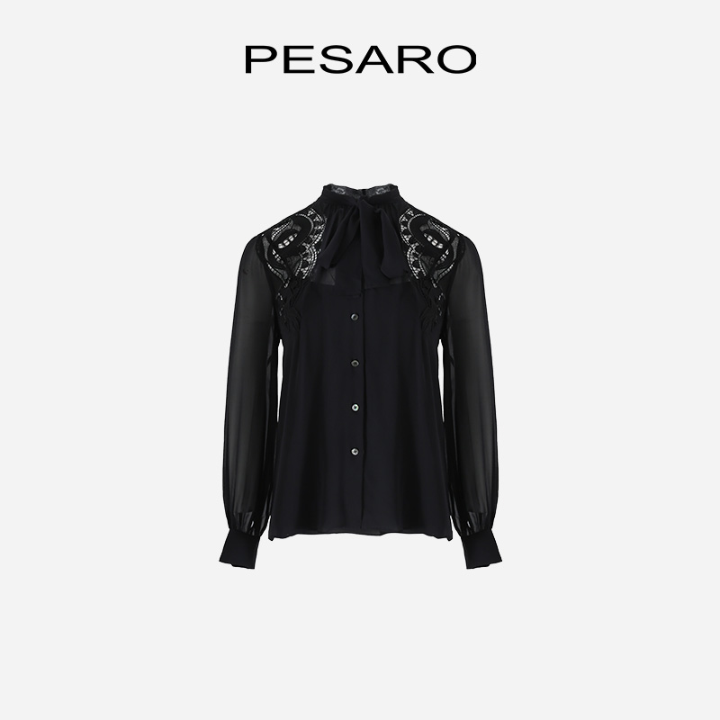 PESARO黃惠玲女裝春季蕾絲拼接綁帶襯衣上衣長袖鏤空翻領(lǐng)飄帶寬松