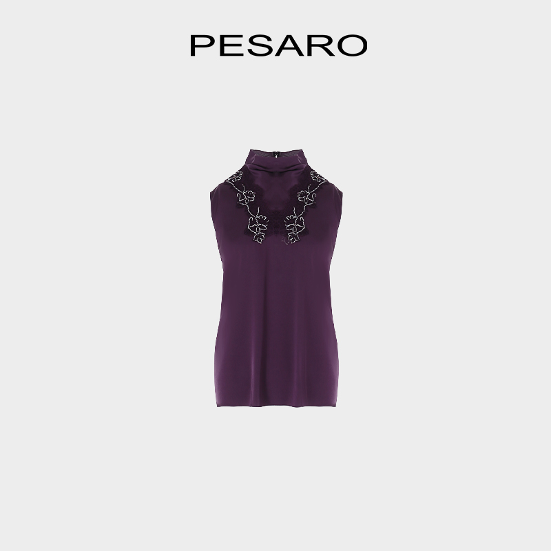 精致绣花桑蚕丝无袖高领上衣