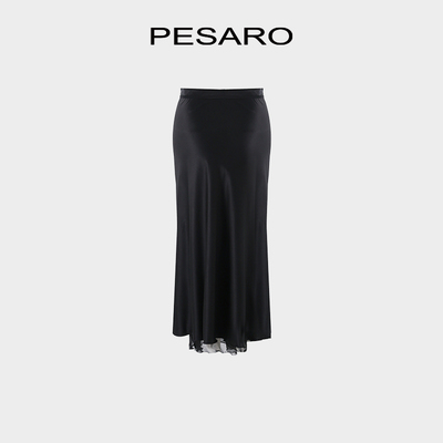 PESARO极简风黑色缎面半身裙女优雅垂感鱼尾长裙通勤5109-8036