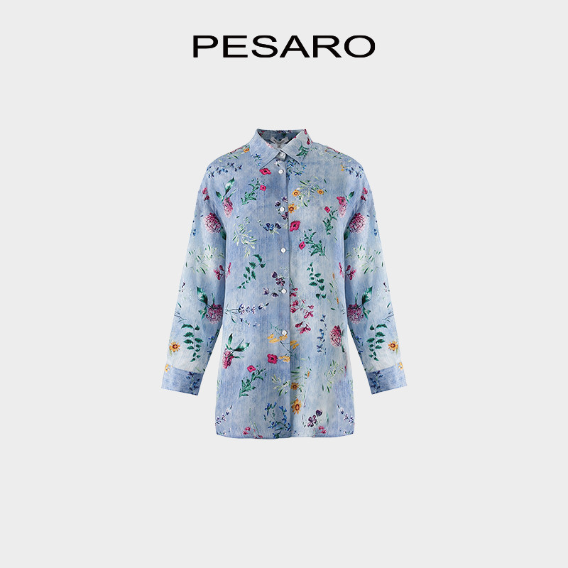 PESARO田园风印花长袖衬衫女蓝色碎花翻领纽扣上衣5109-7083