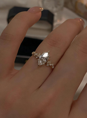 925银爆闪马眼椭圆鸽子蛋戒指新款复古优雅中古风小众设计饰品