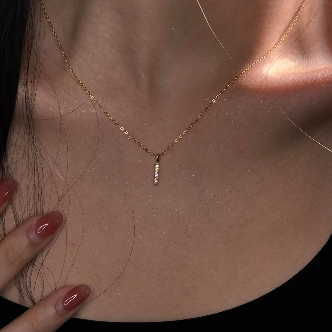 925银金色爆闪一字排钻项链女新款简约精致小众设计锁骨链饰品
