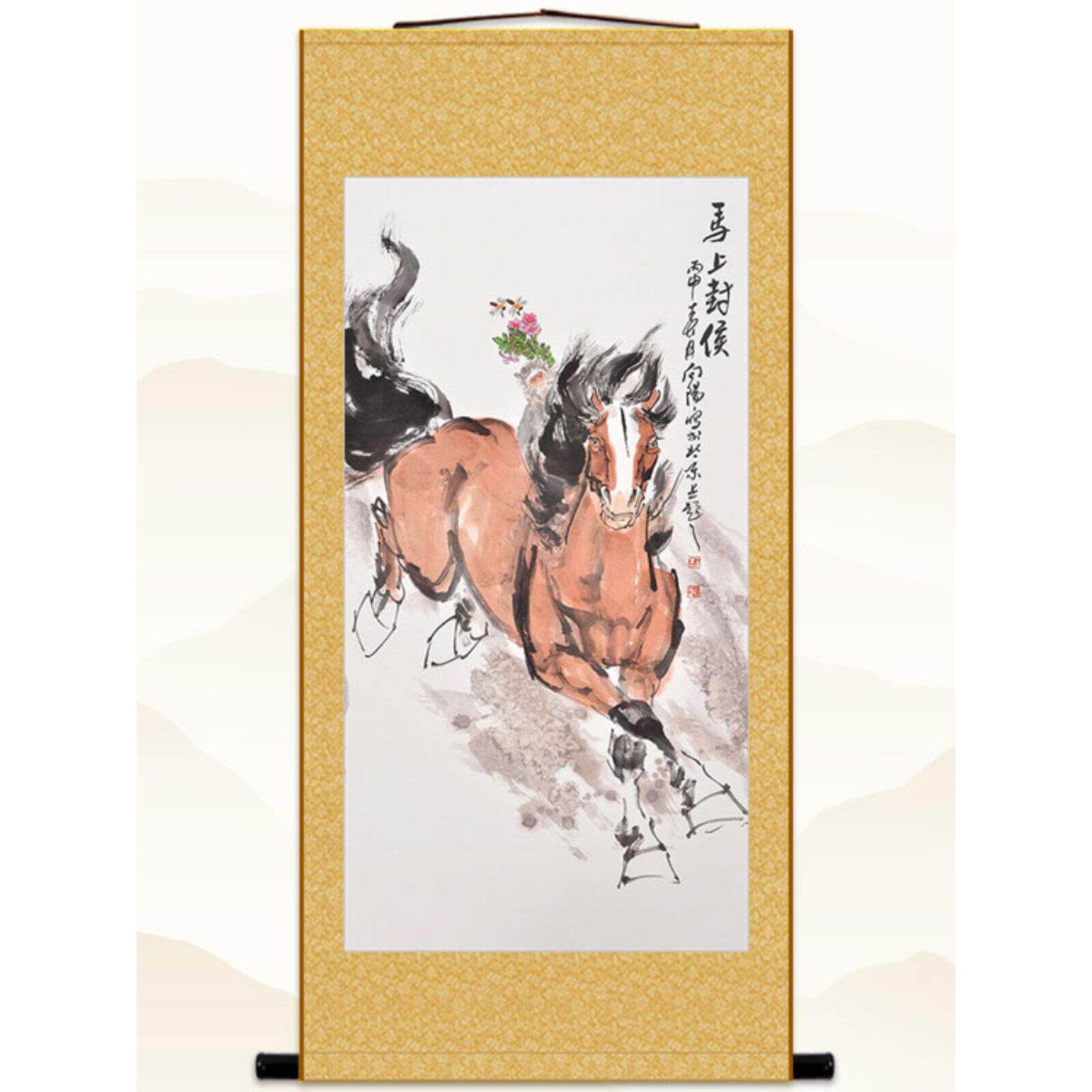 马上封侯图 奔马骏马猴子丝绸挂画 覆古书房客厅装饰画玄关卷轴画