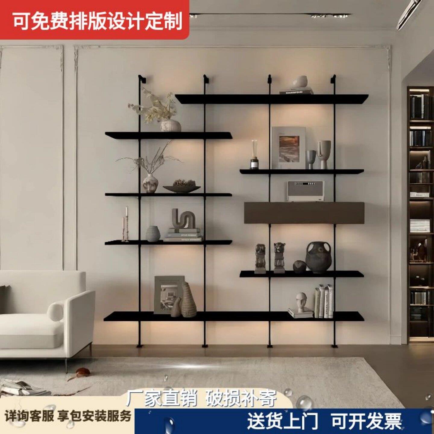 置物架落地家用客厅上墙收纳层架沙发旁办公背景墙可带灯简易整理