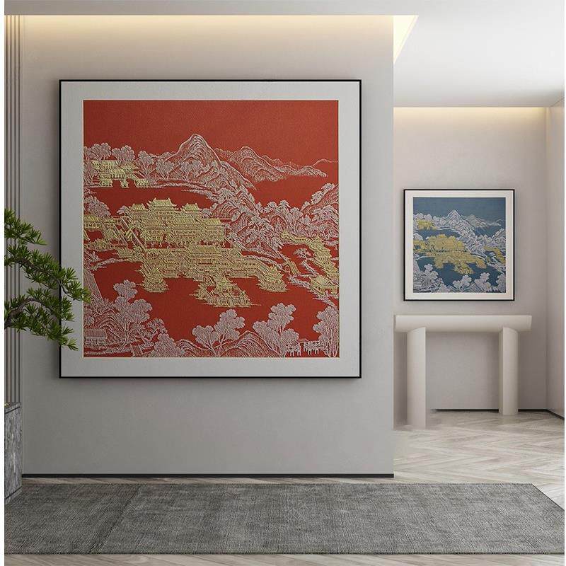 新中式装饰画客厅玄关壁画红色山水抽象肌理线条艺术高级感挂画