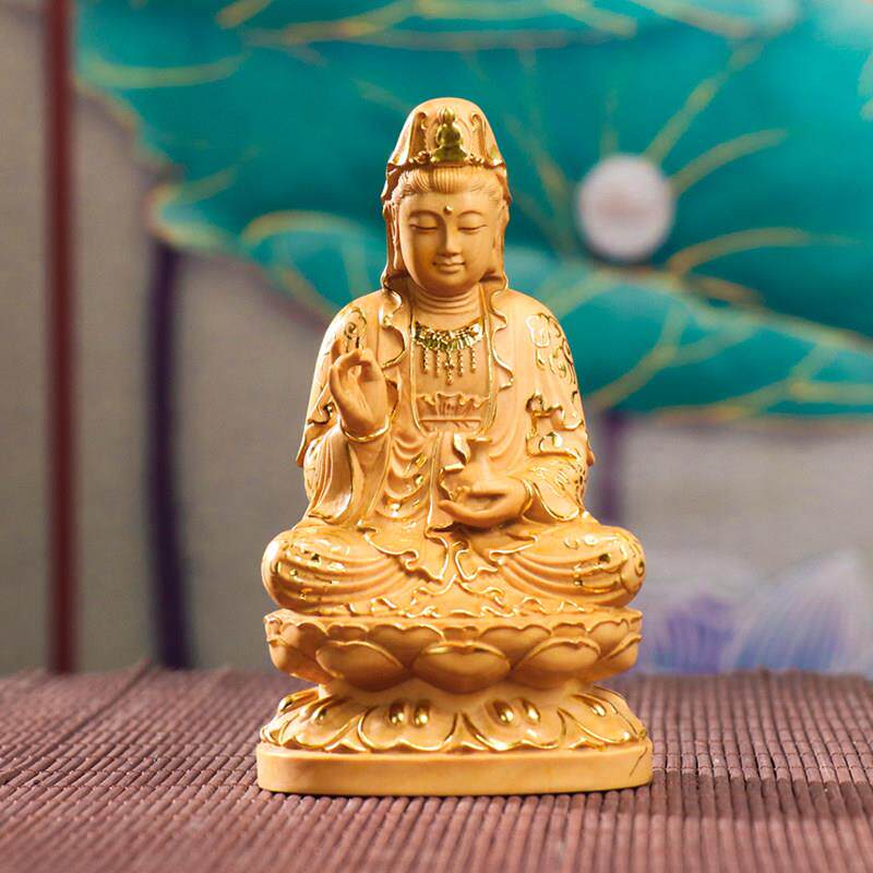 黄杨木坐莲净瓶兰花指观音菩萨佛像客厅车载摆件工艺品