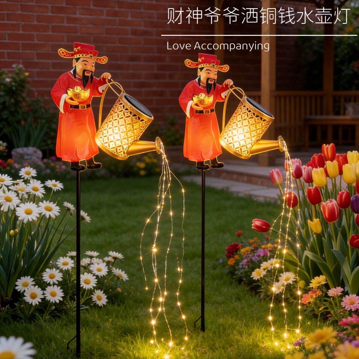 太阳能铁艺水壶灯太阳能庭院灯财神爷爷洒铜钱水壶灯户外庭院花园