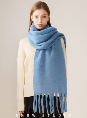 蓝色围巾女款2025新款冬季高级感马海毛纯色加厚保暖秋冬时尚围脖