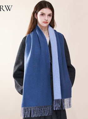 双面100%羊毛围巾女2025秋冬季女生蓝色保暖韩版氛围感纯色围脖