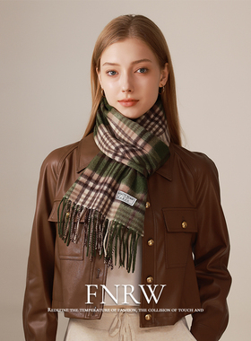 经典英伦风100%澳洲羊毛围巾女款冬季拼接格子高级感撞色羊绒围脖