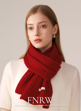 英伦100%羊毛围巾女款冬季2025新款针织保暖纯色高级时尚红色围脖